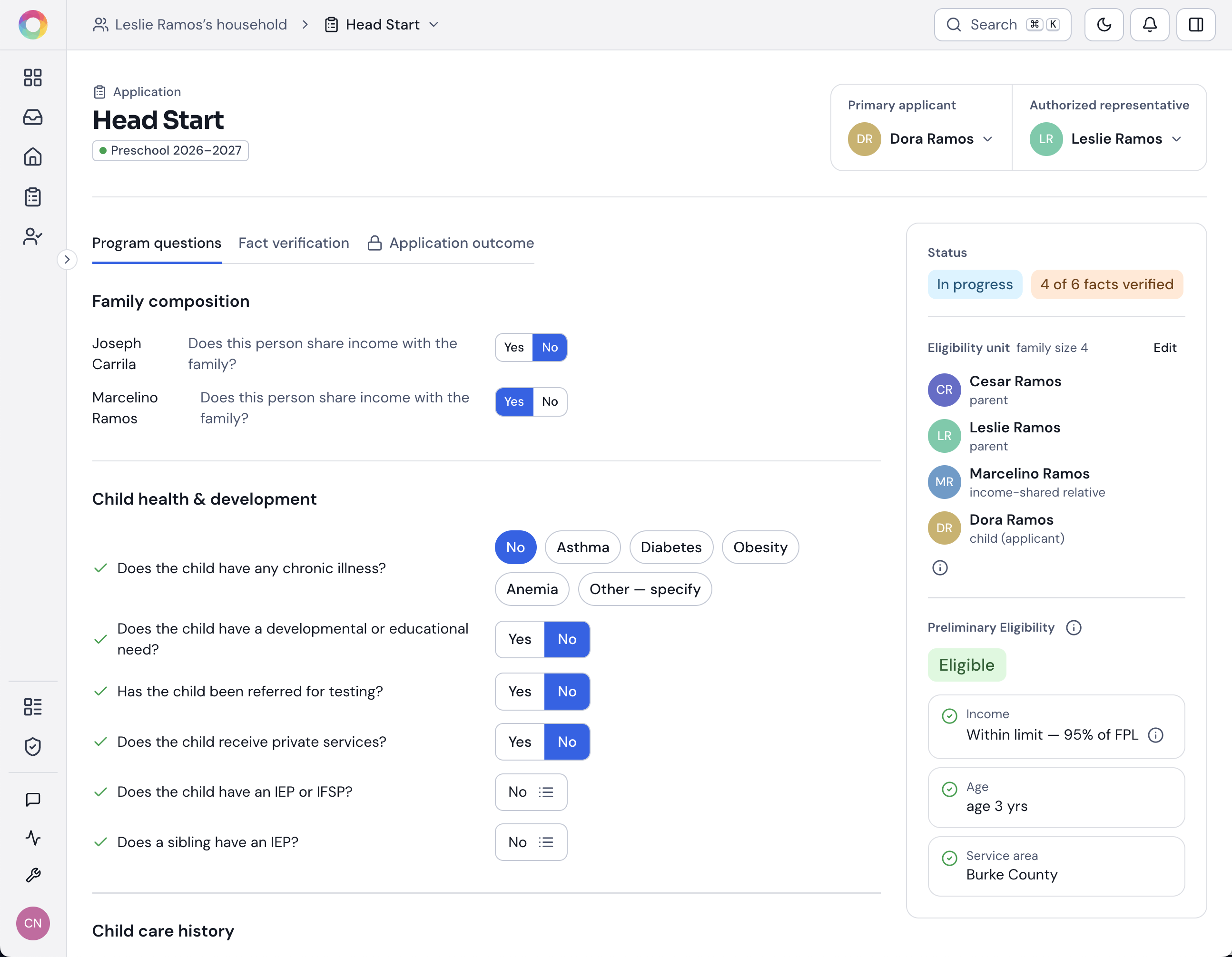 A program application in Cohesive Community Action — preliminary eligibility resolved against the household's facts, showing income against the federal poverty level, age, and service area, with facts verified as they come in