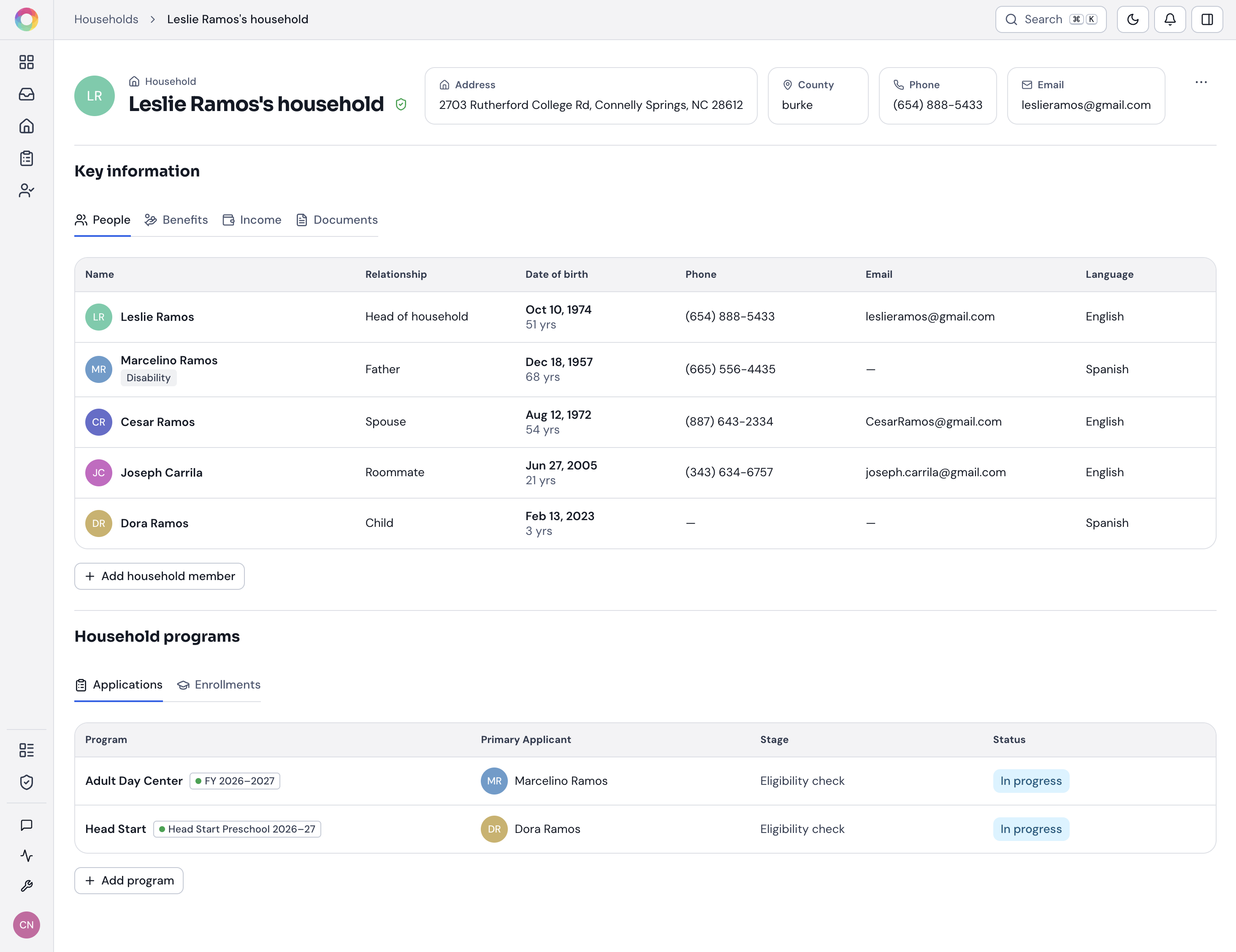 A household record in Cohesive Community Action — members and relationships, with income, benefits, and documents on the same profile, and every program the household has applied to below